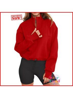 Womens Long Sleeve Half Zip Cropped Sweatshirt Loose Fit Pullover
